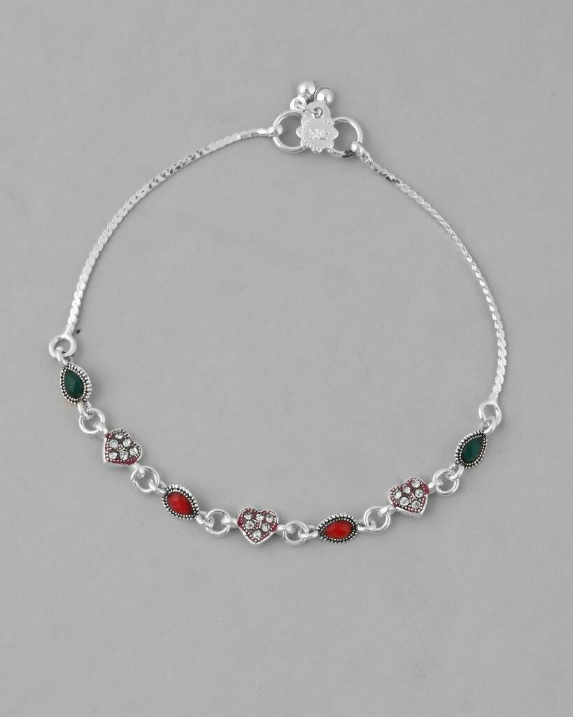 VOJ Set of 2 Silver Plated Heart Shaped Multi Color Anklet
