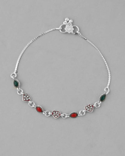 VOJ Set of 2 Silver Plated Heart Shaped Multi Color Anklet