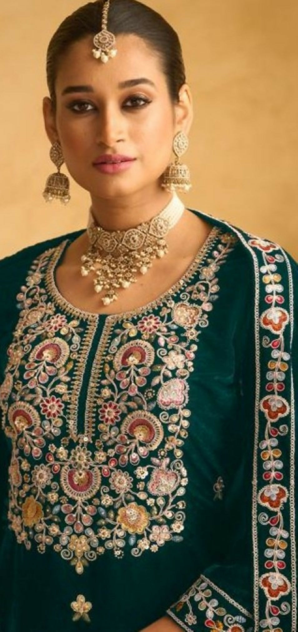 Anaita Dark Green Embroidered with Beads Velvet Stitched Plazo Suit