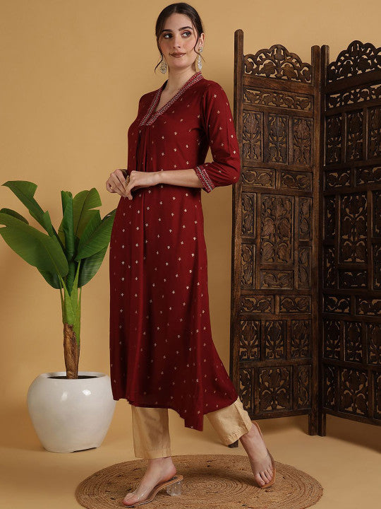 Sangria Semi-Flared 3/4 Sleeves V-Neck Kurta