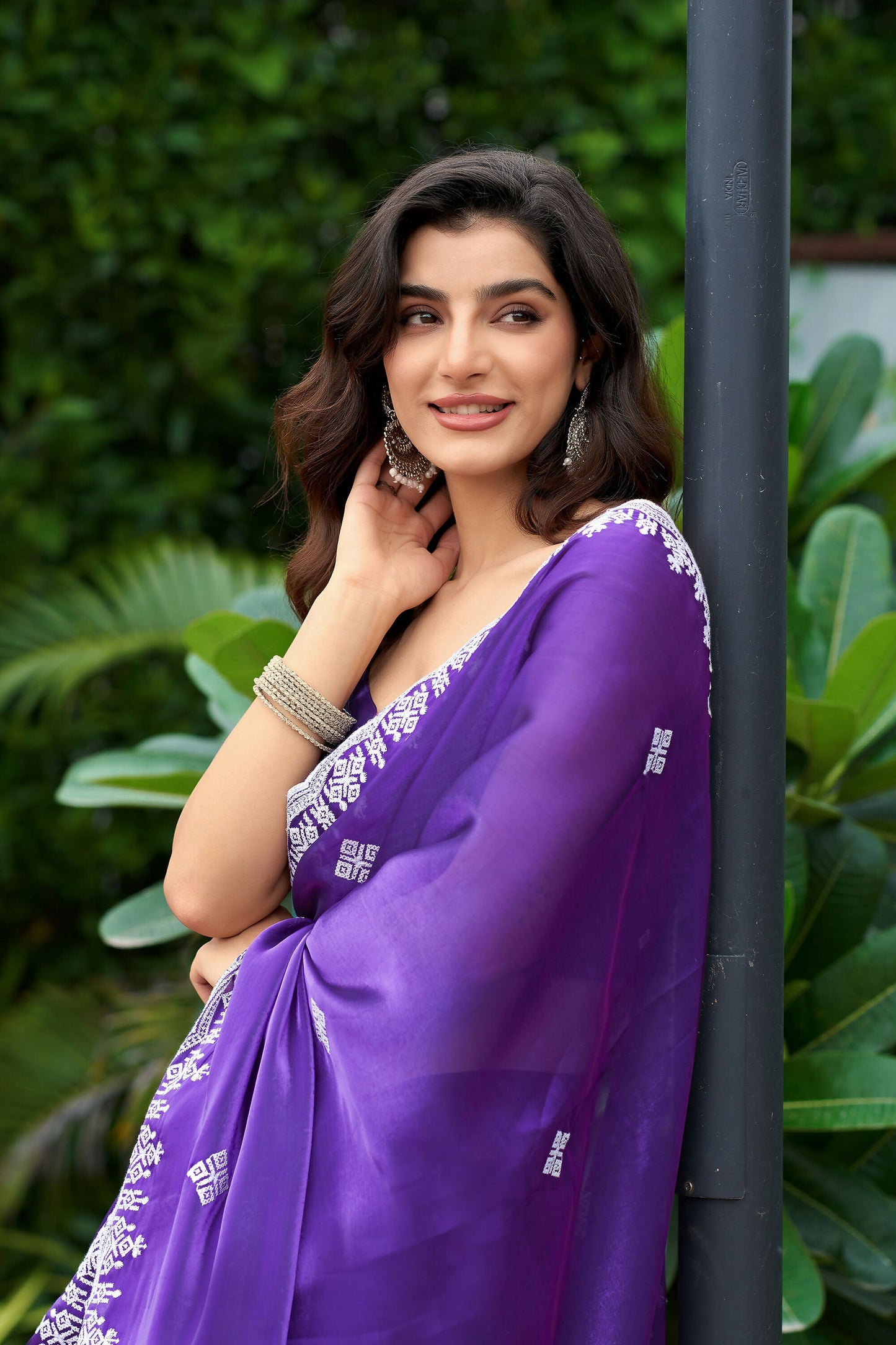 Vastranavya Purple-Blue Embroidery Work Shimmer Chiffon Saree with Unstitched Blouse