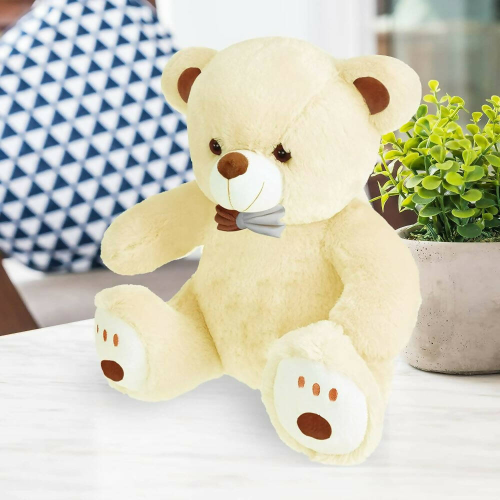 Webby Plush Cute Sitting Teddy Bear Soft Toys with Neck Bow and Foot Print (Beige)