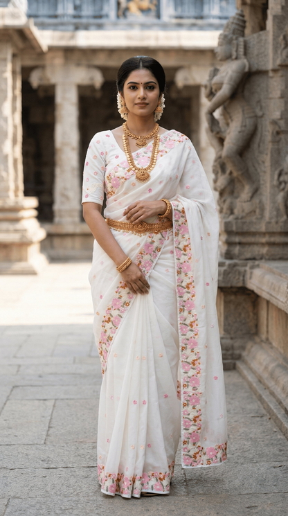 Mameraa Sarees White Premium Chiffon Saree With All Over Designer Embroidery-White