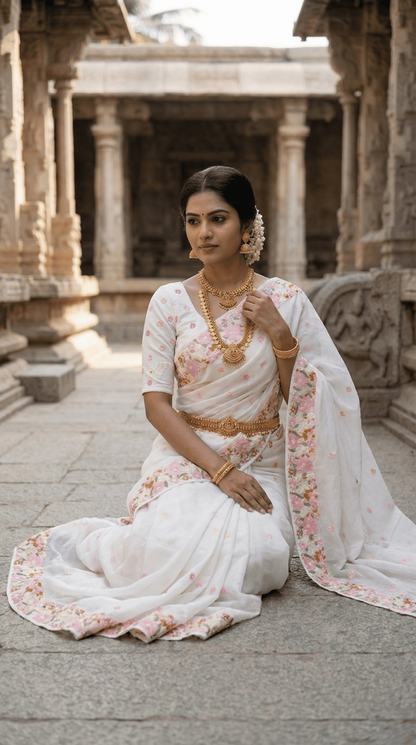 Mameraa Sarees White Premium Chiffon Saree With All Over Designer Embroidery-White