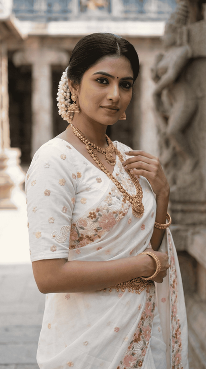 Mameraa Sarees White Premium Chiffon Saree With All Over Designer Embroidery-White