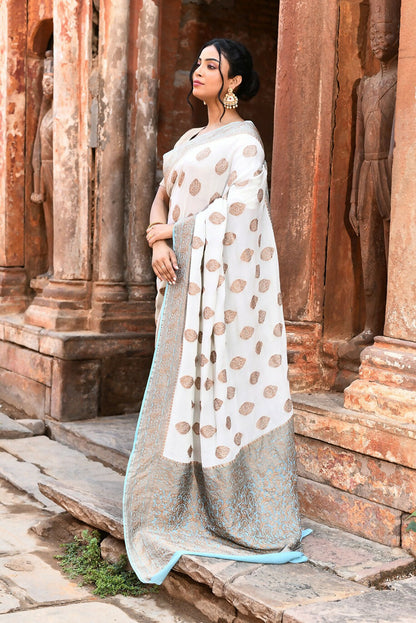 Joban Fashion Light Sky Blue Crepe Chiffon Pure Handloom Banarasi Silk Saree
