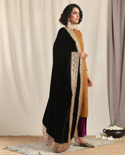 trueBrowns Black Velvet Embroidered Lace Shawl