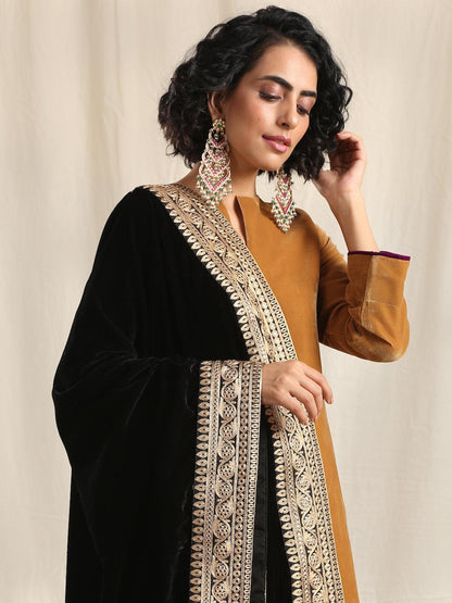 trueBrowns Black Velvet Embroidered Lace Shawl