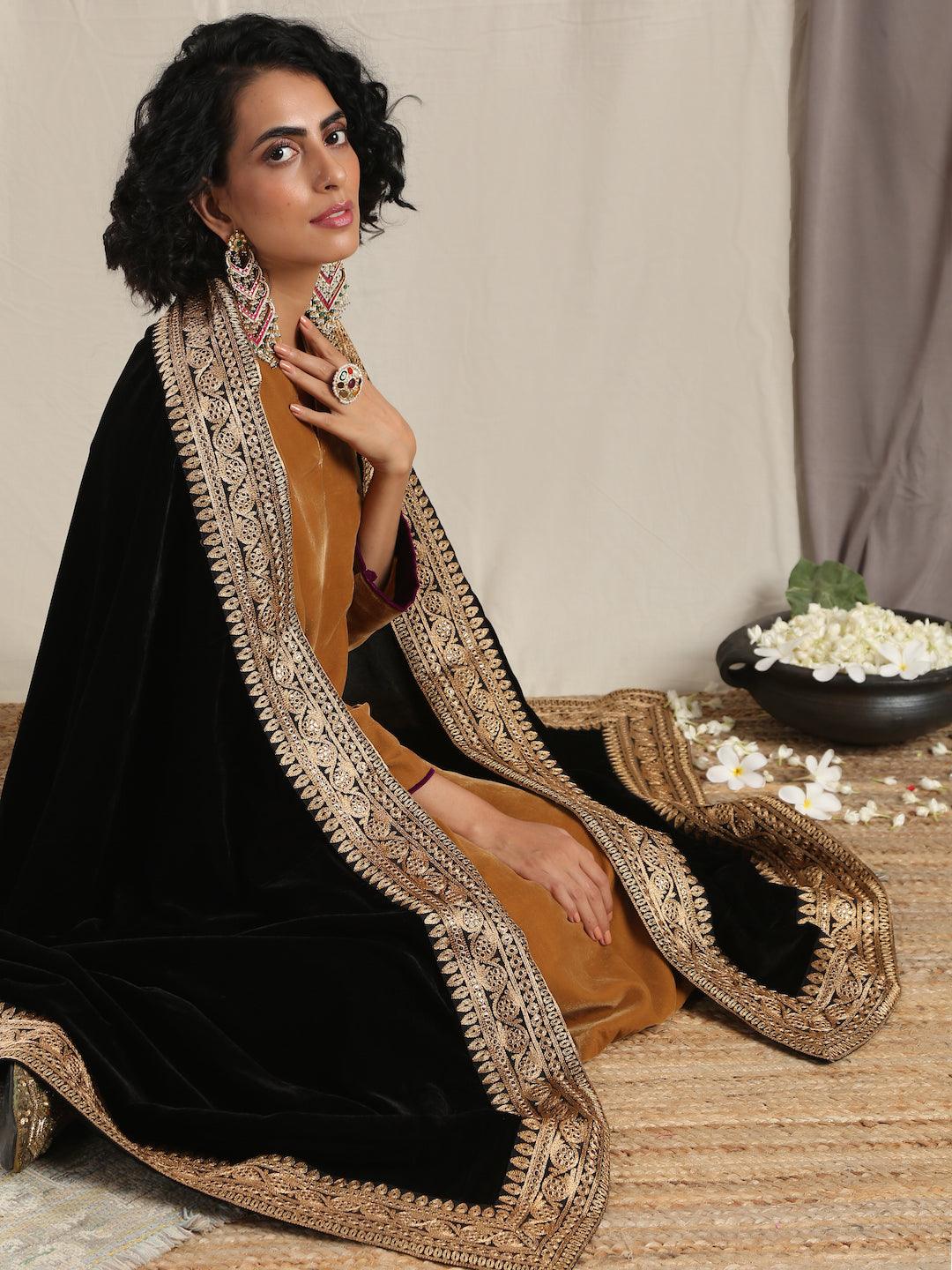 trueBrowns Black Velvet Embroidered Lace Shawl | Relove