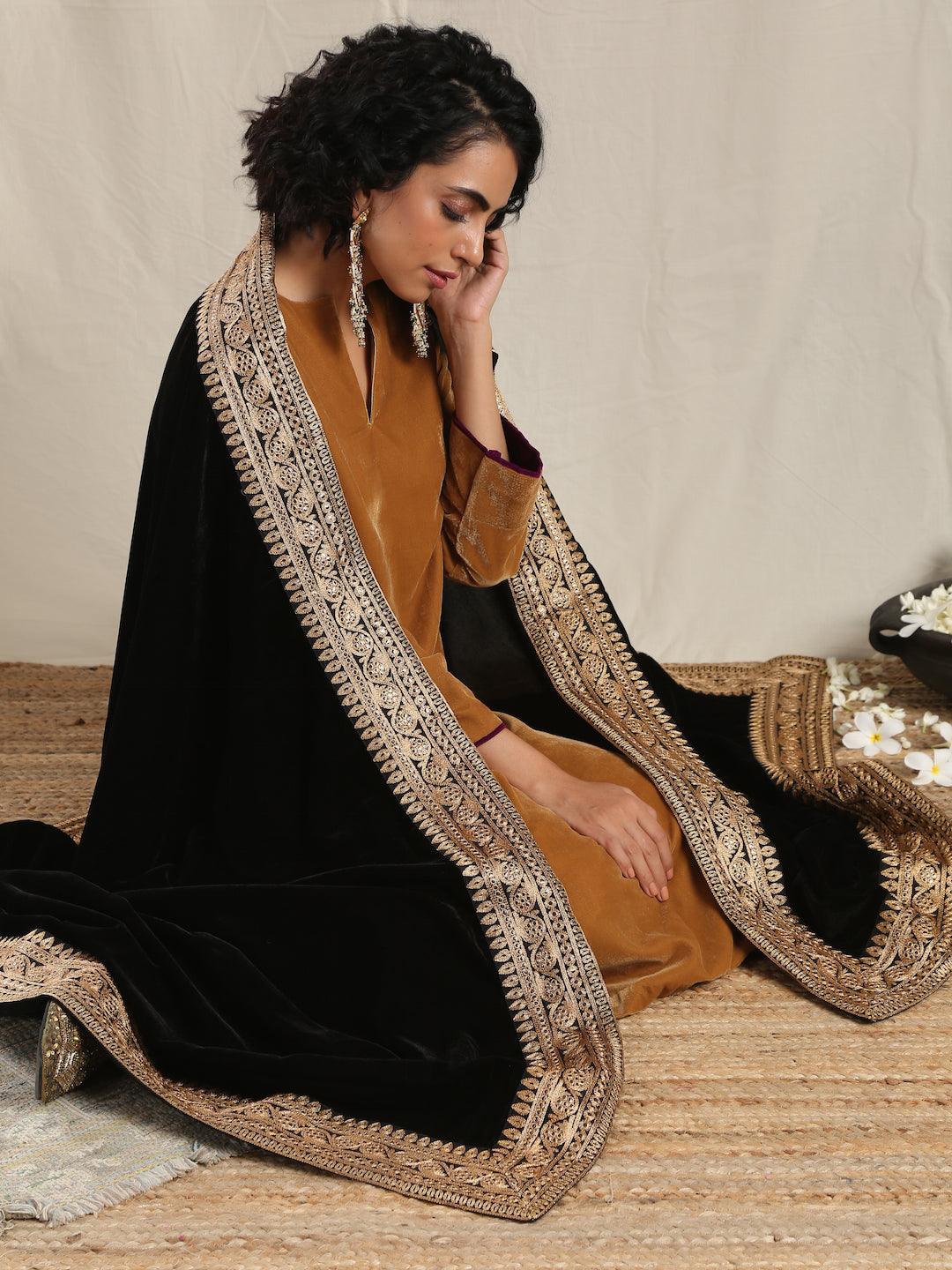 trueBrowns Black Velvet Embroidered Lace Shawl | Relove