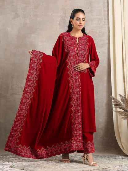 trueBrowns Red Velvet Embroidered Shawl
