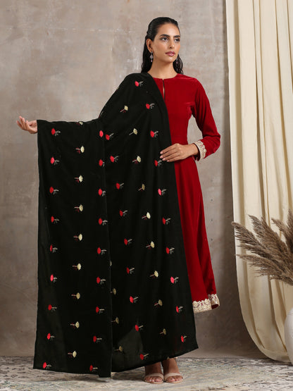 trueBrowns Black Velvet Embroidered Shawl
