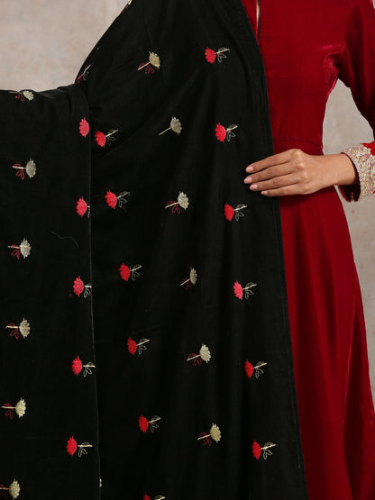 trueBrowns Black Velvet Embroidered Shawl