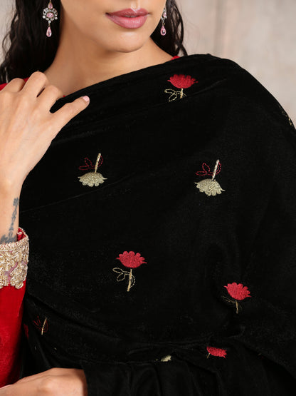 trueBrowns Black Velvet Embroidered Shawl
