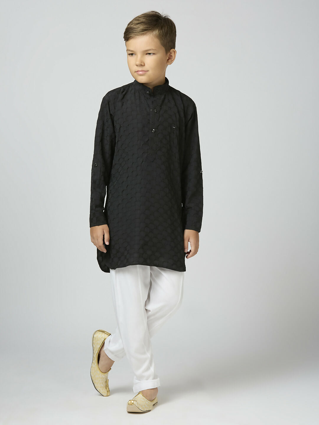 Joban Fashion Kids Island Full Sleeves Texture Cotton Kurta and Pyjama Set - Black