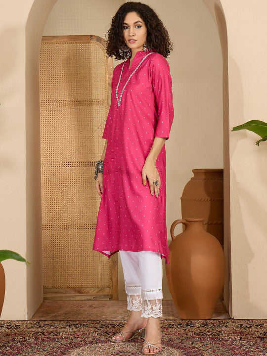 Sangria Women Pink Cotton V-neck Straight Kurta