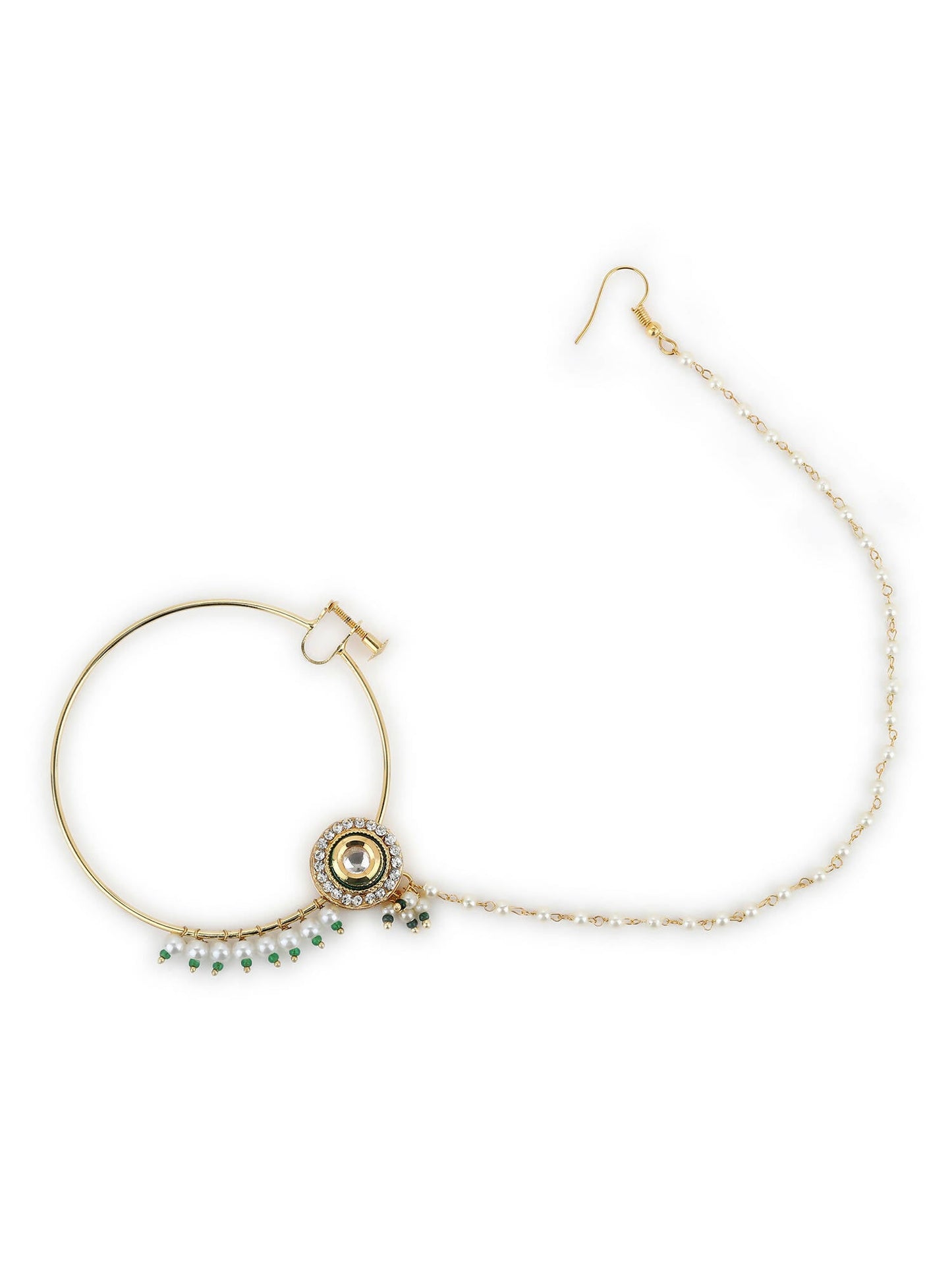 Gold-Polished White Green Kundan-Studded Pearl Beaded Nosepin - Ruby Raang