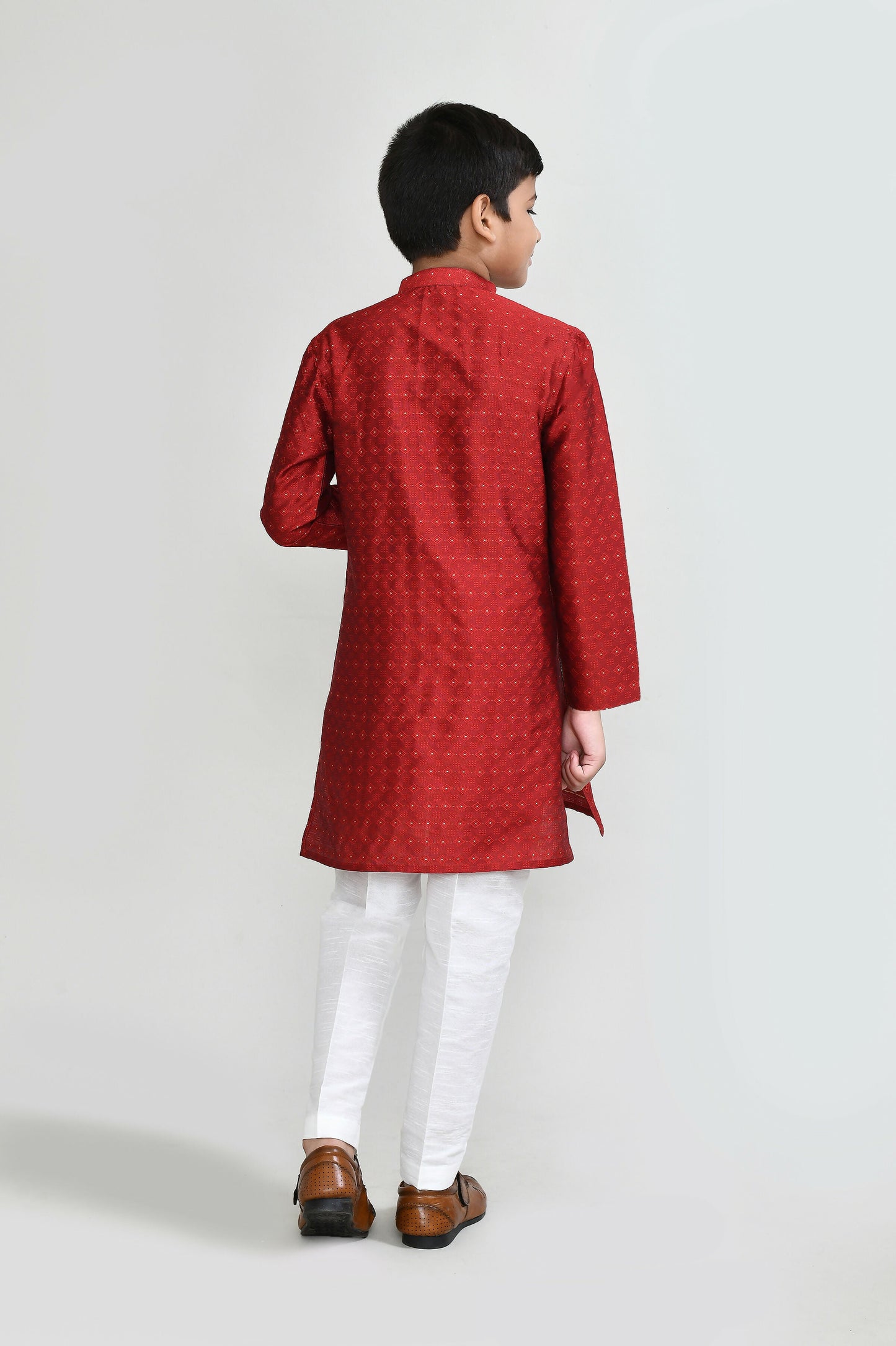 Joban Fashion Jacquard Silk Red Kurta With Straight Fit Pant