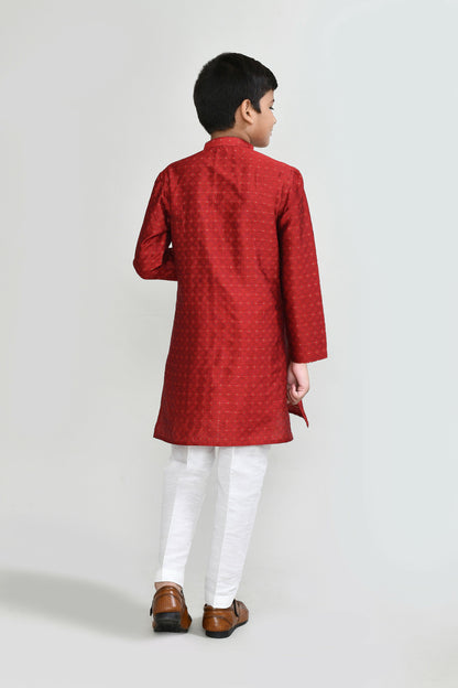 Joban Fashion Jacquard Silk Red Kurta With Straight Fit Pant