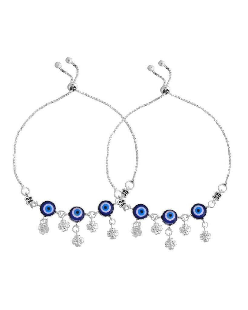 VOJ Set Of 2 Silver Plated Evil Eye Handcrafted Anklets