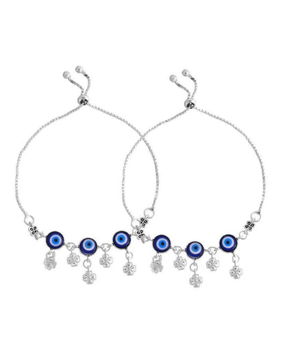 VOJ Set Of 2 Silver Plated Evil Eye Handcrafted Anklets