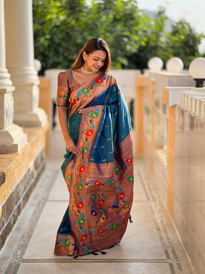 Mameraa Sarees Teal Blue Faux Banarasi Silk Saree With Paithani Rich Weaved Pallu And Blouse-Teal