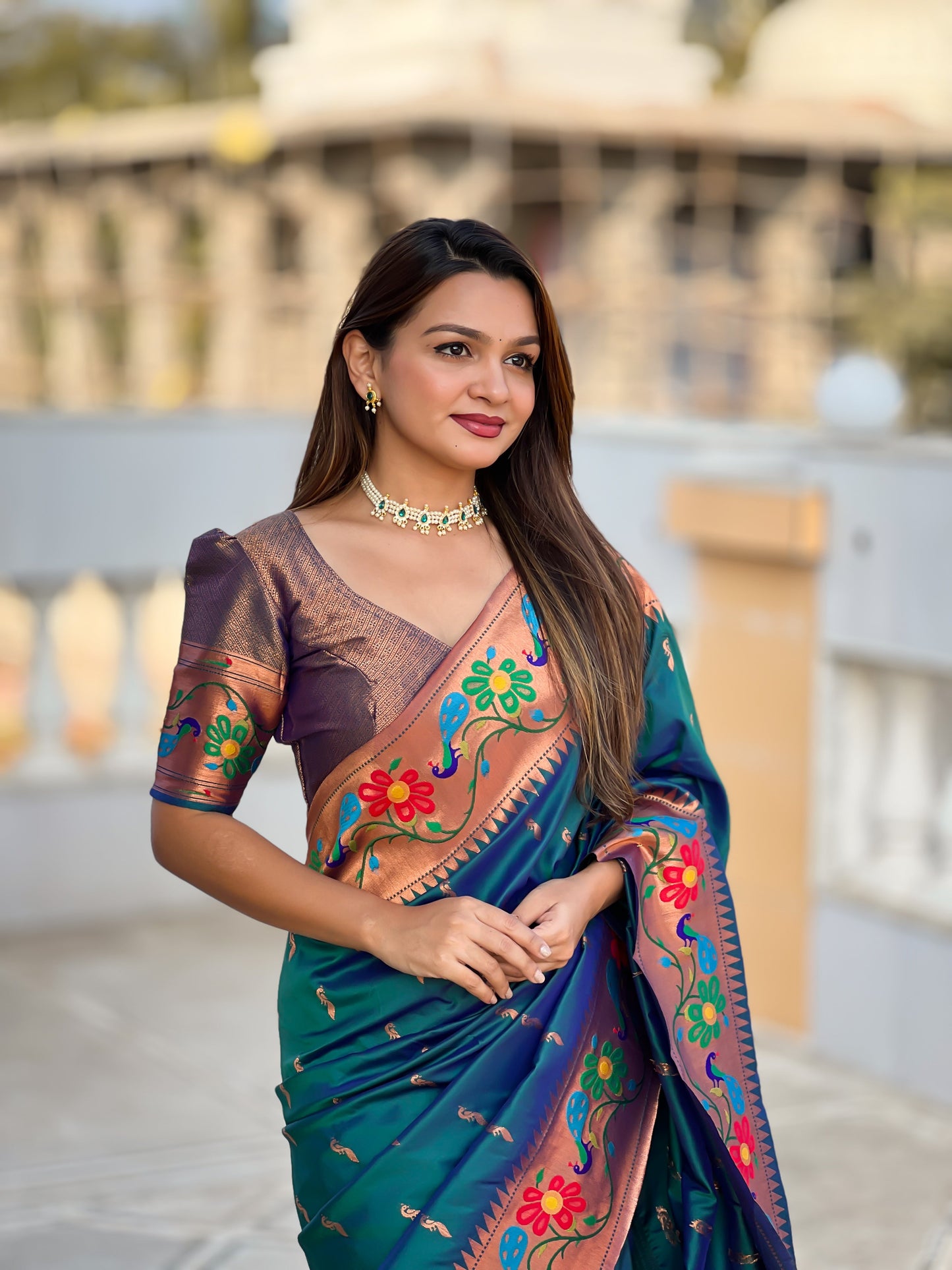 Mameraa Sarees Teal Blue Faux Banarasi Silk Saree With Paithani Rich Weaved Pallu And Blouse-Teal