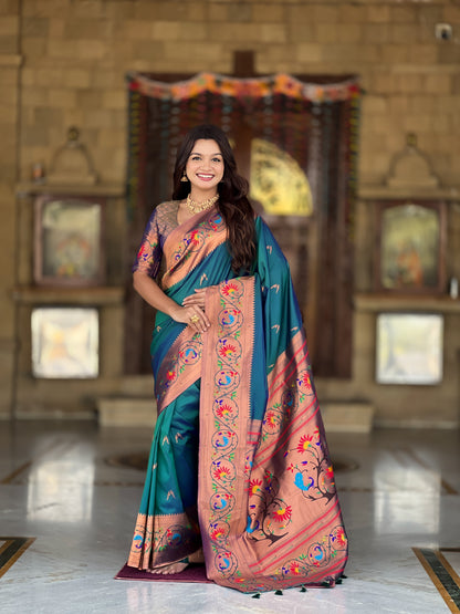 Mameraa Sarees Teal Blue Faux Banarasi Silk Saree With Paithani Rich Weaved Pallu And Blouse-Teal