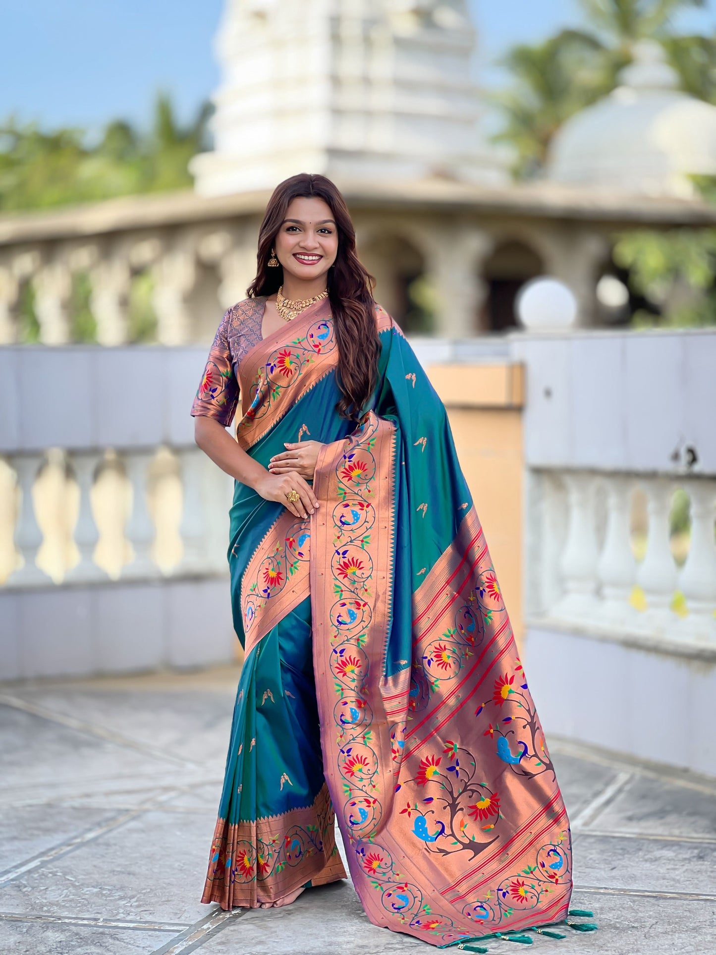 Mameraa Sarees Teal Blue Faux Banarasi Silk Saree With Paithani Rich Weaved Pallu And Blouse-Teal