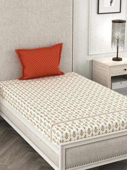 CHHAVI INDIA Cream-Coloured & Orange Floral Ultra Soft 210 TC Bedsheet with Pillow Covers