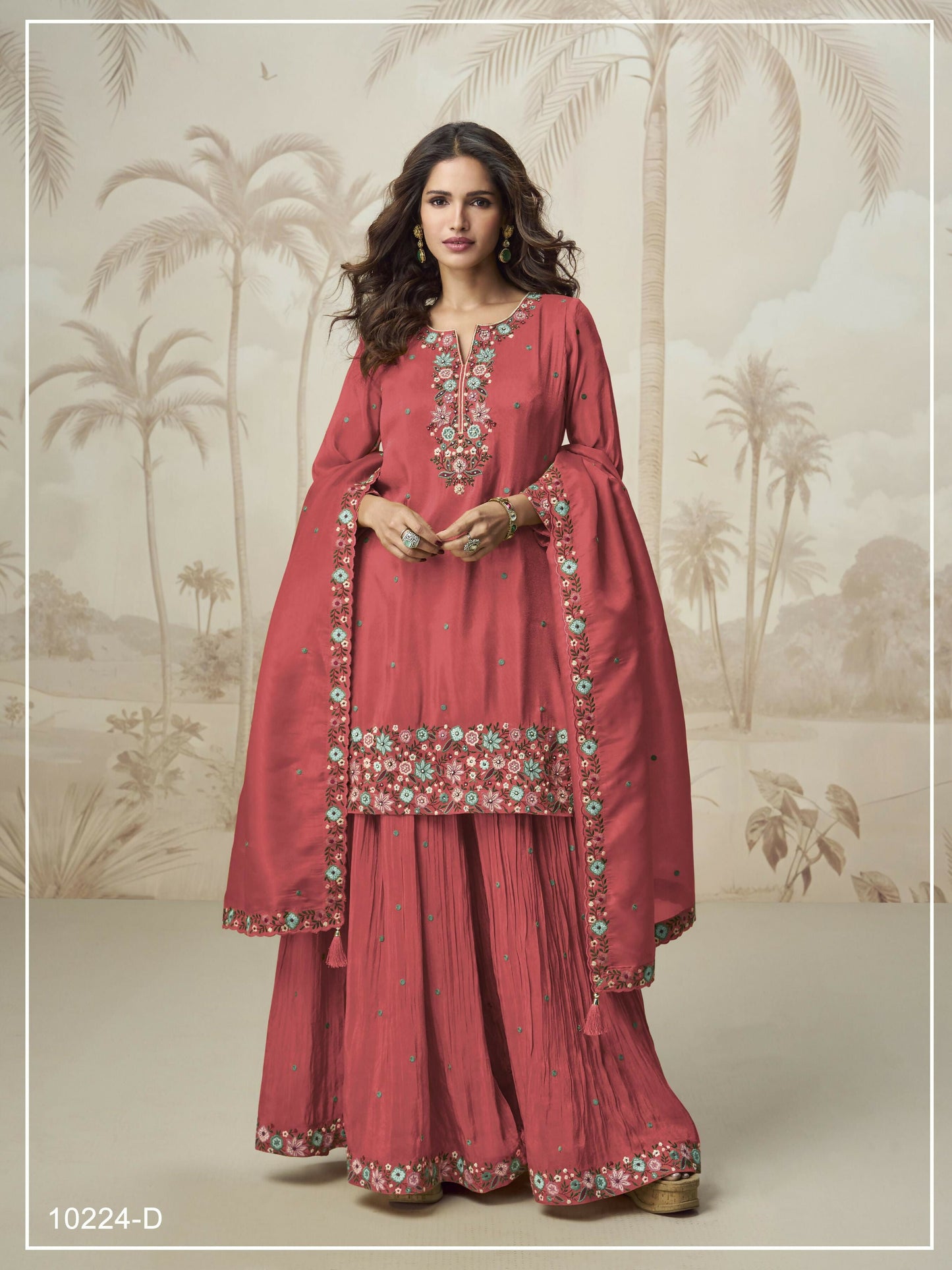 Anaita Peach Simar with Embroidery Multi & Zarkhan Work Readymade Palazzo suit