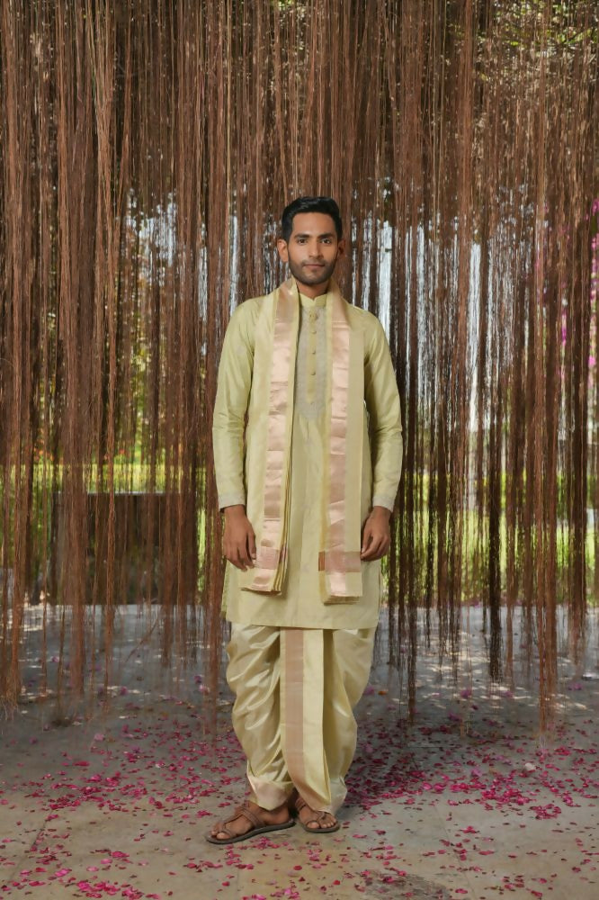 Olive Kanjivaram Machien Embroidered Pattu Set by Hilo Design
