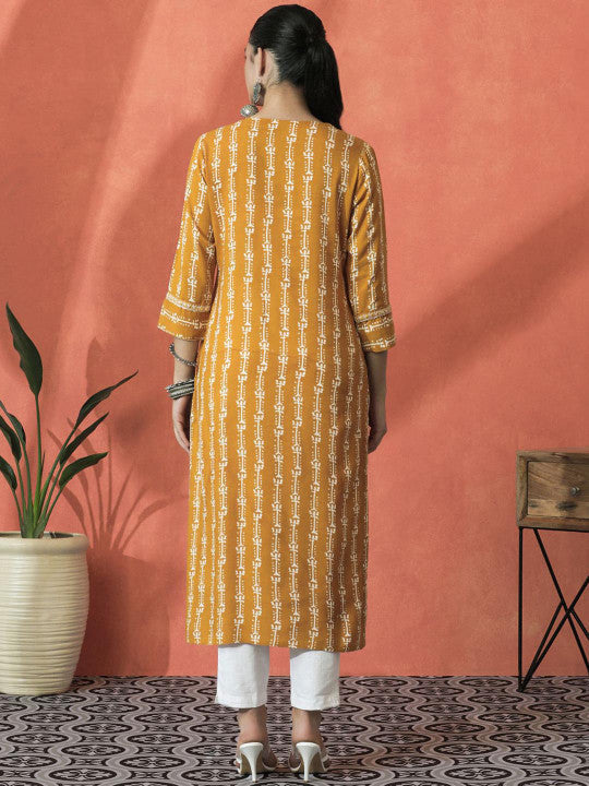 Sangria Floral Printed V-Neck Mirror Work Straight Kurta