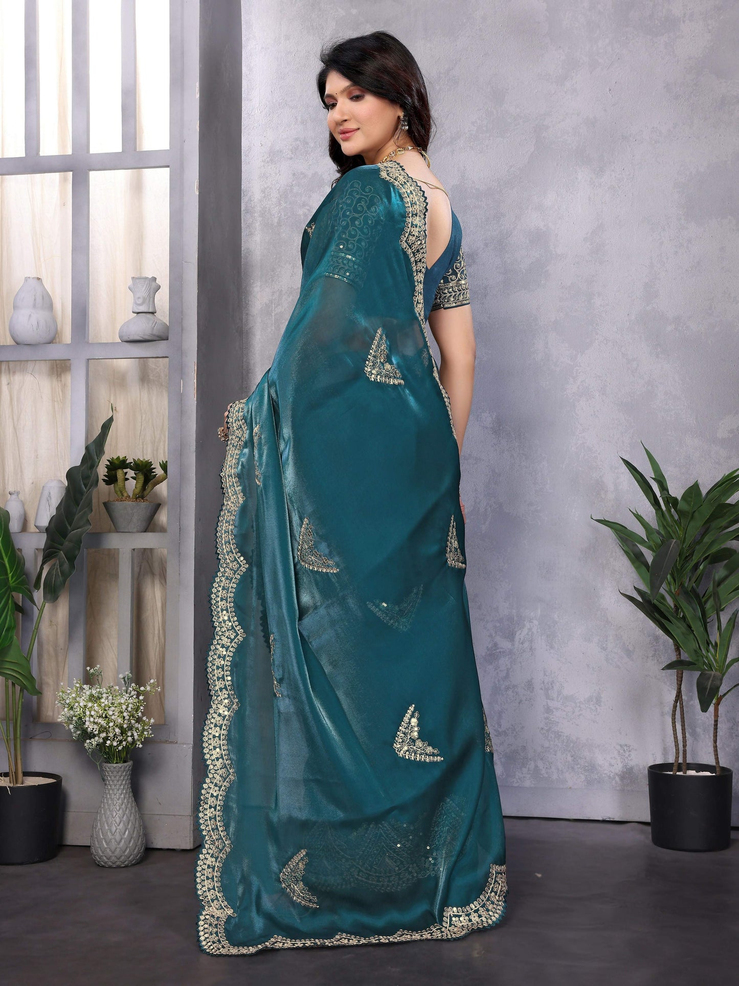 Vastranavya Teal Embroidery Work Shimmer Chiffon Saree with Unstitched Blouse