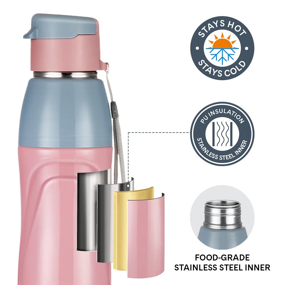 Borosil Larah Drift Round PU Thermoware Bottle 650ml Pink