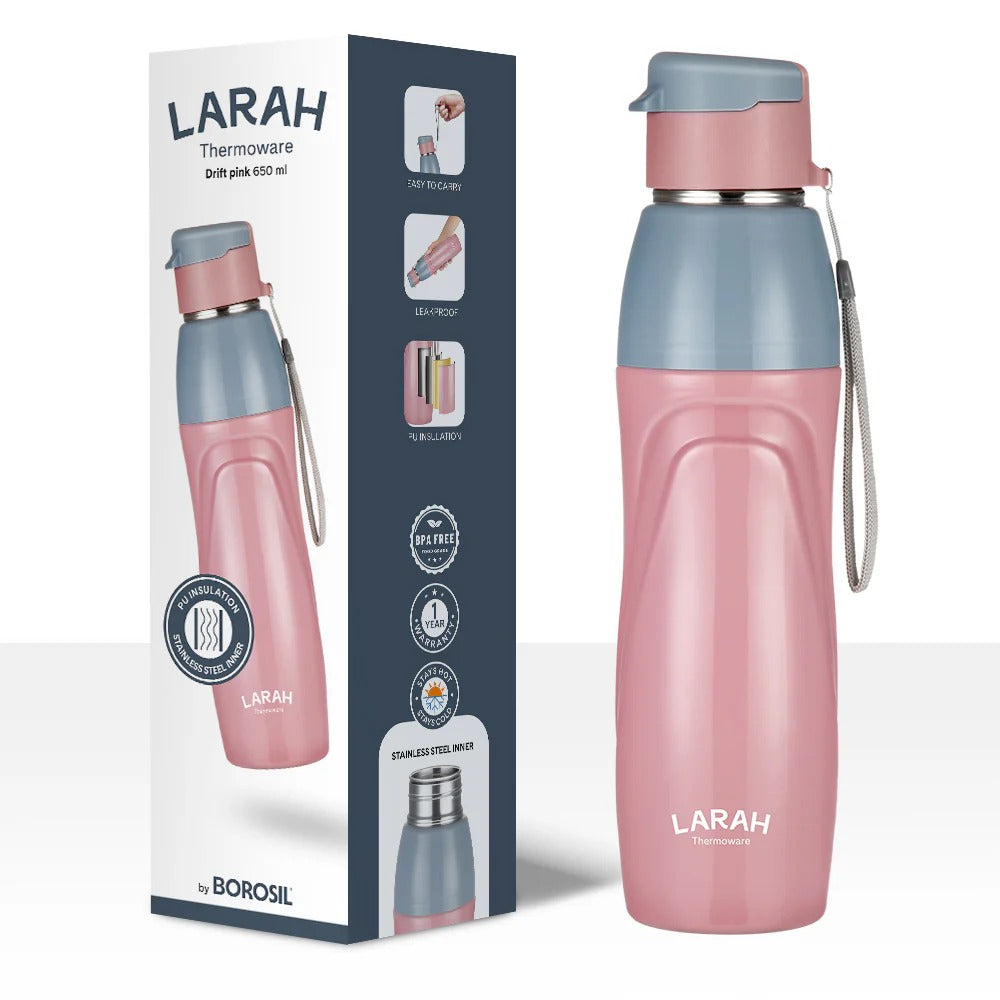 Borosil Larah Drift Round PU Thermoware Bottle 650ml Pink