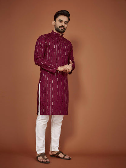 Anaita Maroon Embroidered Cotton Straight Kurta