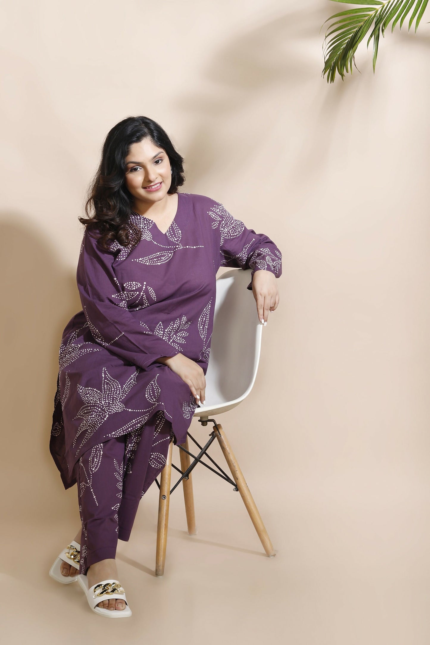 Breathables Women’S Purple Cotton Abstract Print Loungewear Co-Ord Set – Long Kurta & Pants