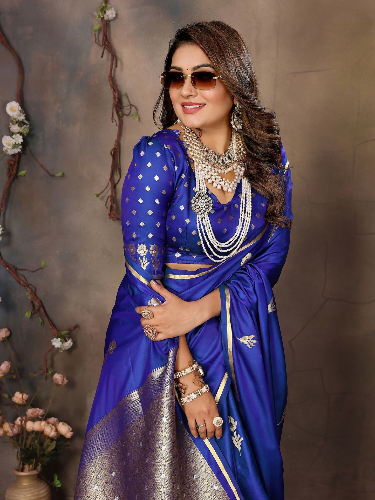 Joban Fashion Royal Blue Floral & Botanical Motifs Satin Silk Banarasi Silk Saree