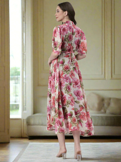 Souchii Cream Floral Chiffon Dress