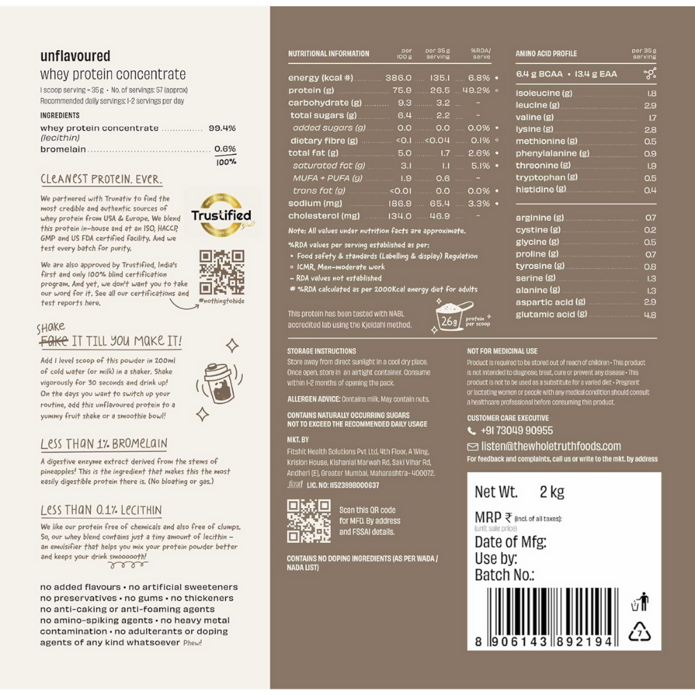 The Whole Truth Whey Protein Concentrate Unflavoured