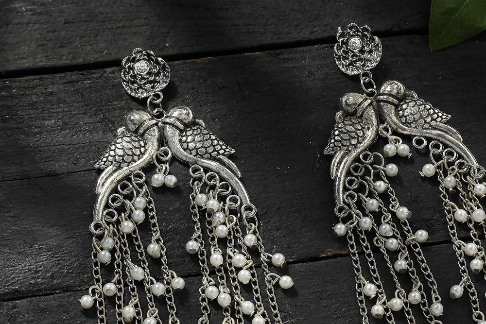 Mominos Fashion Johar Kamal Silver-Plated Oxidised Parrot Design Earrings