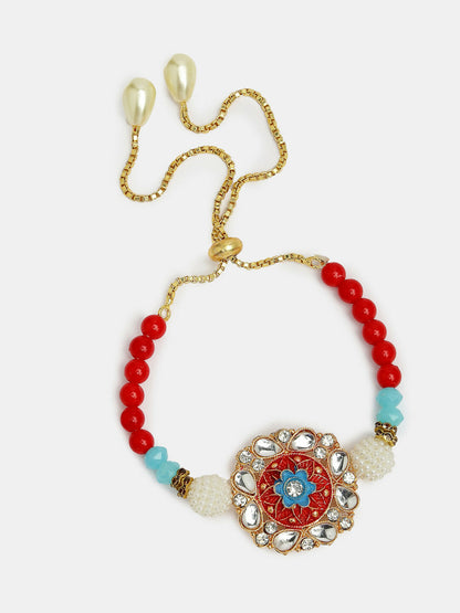 NVR Women & Men Set of 2 Red-colored Stone-Studded & Beaded Bhaiya Bhabhi Rakhi With Roli Chawal & Chocolate