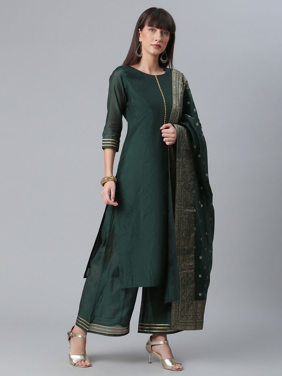 Ahalyaa Dark Green Chanderi Solid Kurta With Palazzo And Dupatta Set
