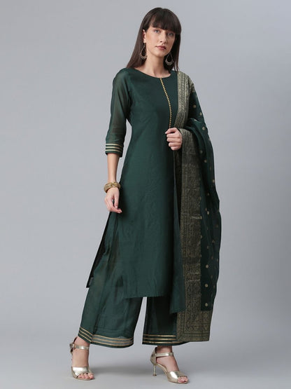 Ahalyaa Dark Green Chanderi Solid Kurta With Palazzo And Dupatta Set