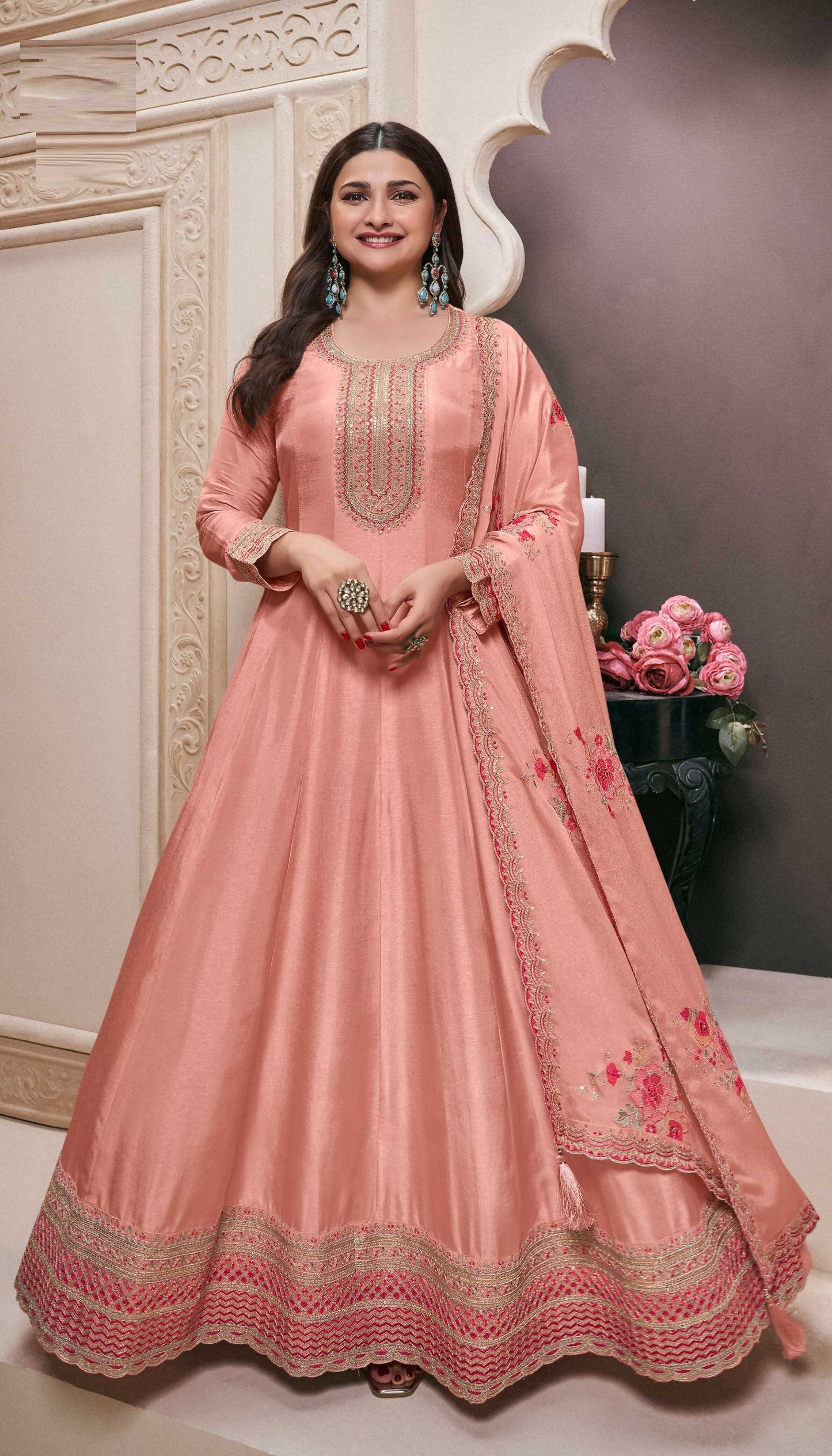 Anaita Peach Embroidered Work Silk Stitched Anarkali suit