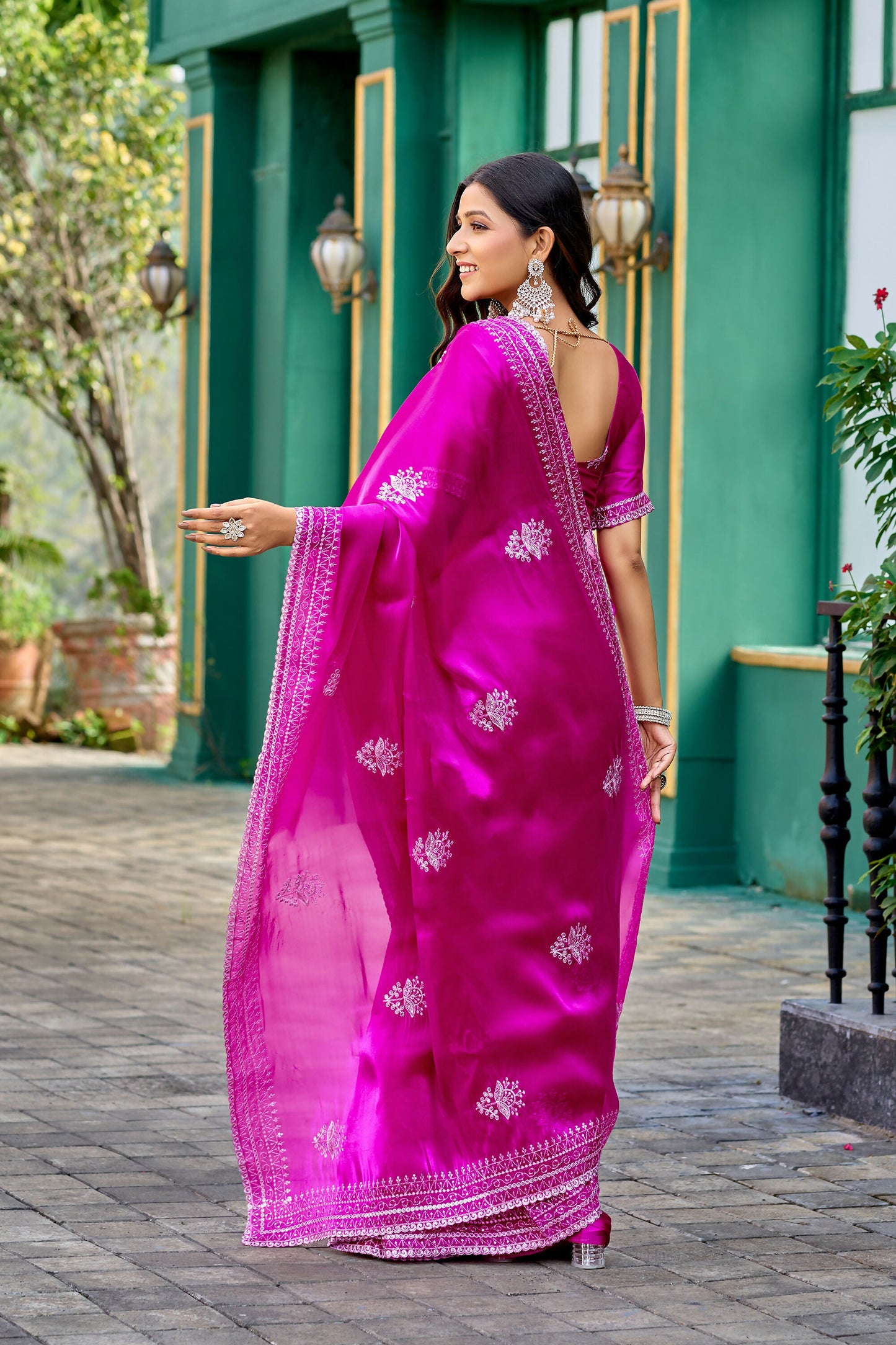 Vastranavya Pink Embroidery Work Shimmer Chiffon Saree with Unstitched Blouse