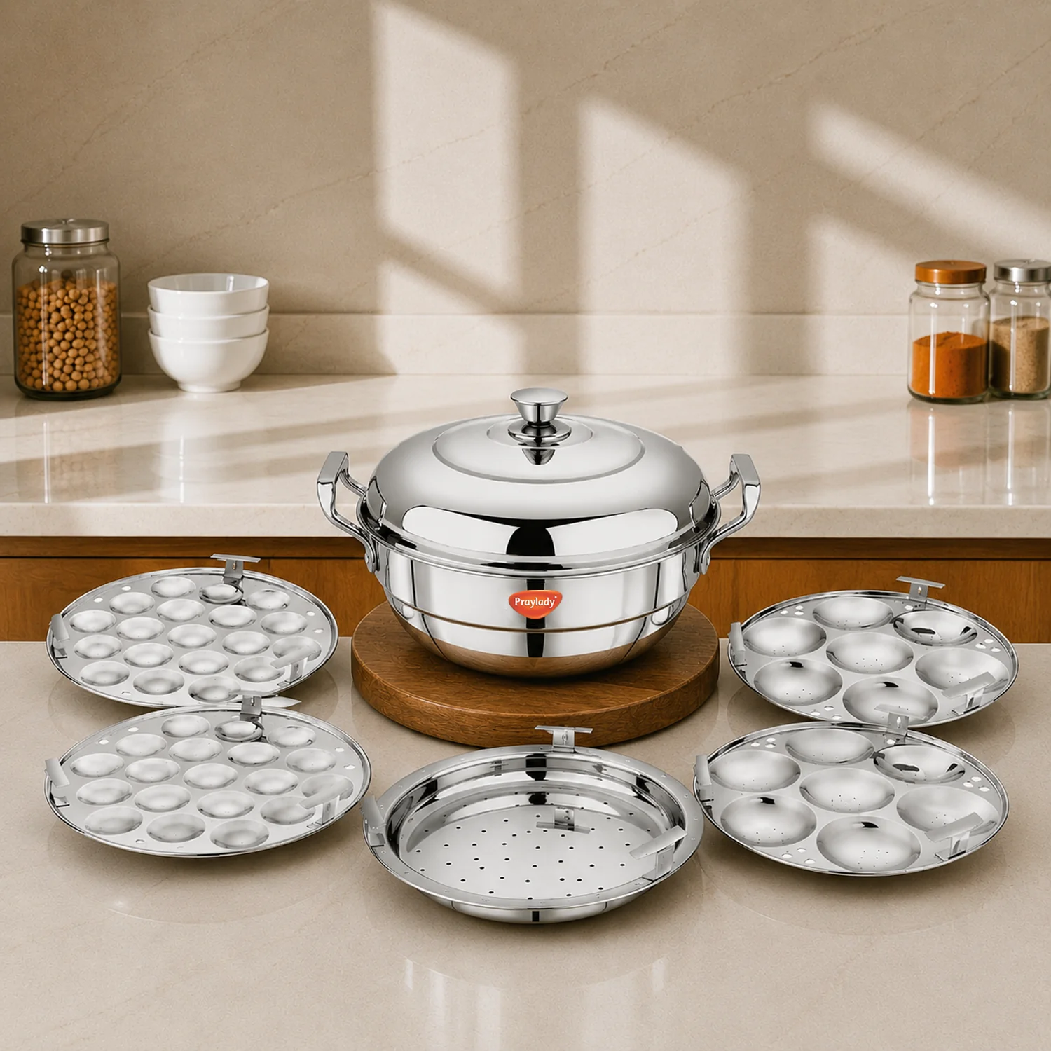 PrayLady Triplus Triply SS Multi Kadai 5 Plates (2 Idli+2 Mini Idli+1 Steamer) Induction Gas