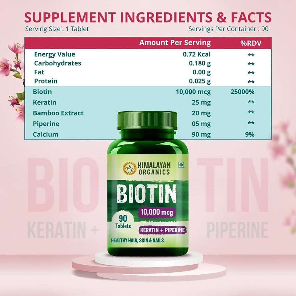Himalayan Organics Biotin 10000 Mcg with Keratin + Piperine Tablets - 90 Tabs