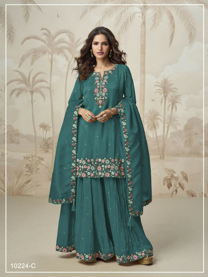 Anaita Turquoise Simar with Embroidery Multi & Zarkhan Work Readymade Palazzo suit